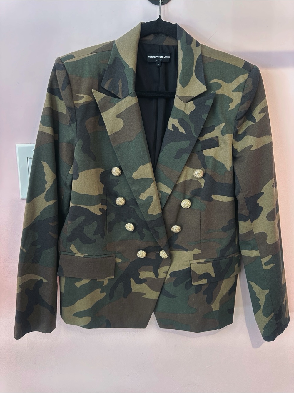 Generation Love Camouflage Double-Breasted Blazer in Green and Brown